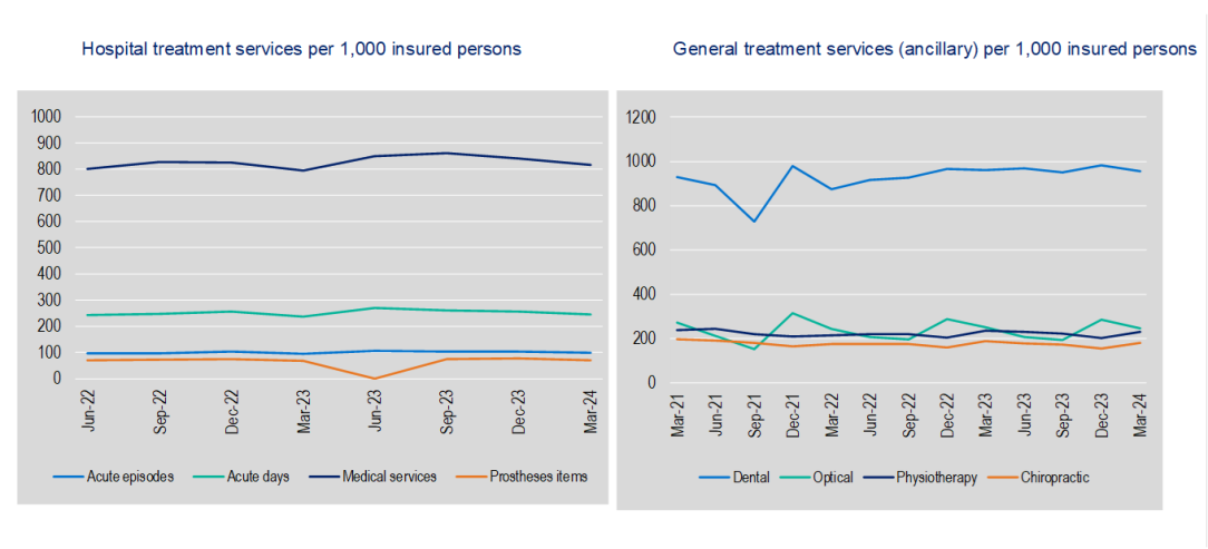 Hospital treatment services per 1,000 insured persons from June 2022 to March 2024. Acute episodes is 98.18, Acute days is 244.70, Medical services 815.43 and Prostheses item 71.13 for March 2024. General treatment services (ancillary) per 1,000 insured persons from June 2022 to March 2024, for Dental is 956.87, Optical is 245.59, Physiotherapy is 228.91, Chiropractic is 179.94 for March 2024