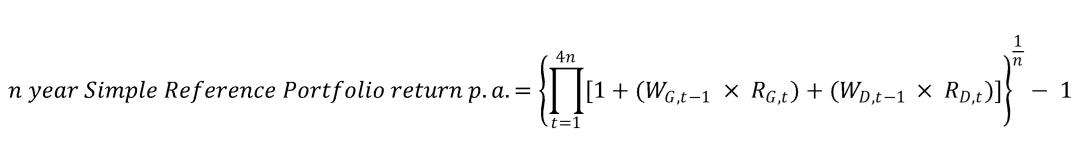 W_(G,t-1)and W_(D,t-1 )are the investment option’s strategic allocation to growth and defensive assets at end of quarter t -1 (or start of quarter t); R_(G,t) and R_(D,t) is the quarterly index return of the growth and defensive portion of the SRP (adjusted for fees and taxes) to time t; n is either 3 years, 5 years, 7 years or 10 years
